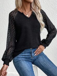 SHEIN LUNE 撞色蕾絲插肩袖T恤 - 黑色 - 查看 4