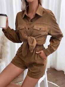 SHEIN Essnce 休閒口袋 前紐扣純色女士兩件套 - 駝色 - 查看 6