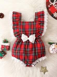 SHEIN Baby Girl Tartan Print Ruffle Trim Bow Front Bodysuit for Christmas - Multicolor - View 1