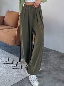 DAZY Solid Drawstring Hem Trousers - Army Green - View 2