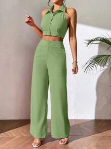 Chiquease Chất rắn Mở Lưng Áo hai dây & Quần ống rộng - Màu xanh Bạc hà - Xem 6