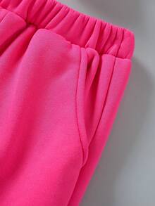 SHEIN Cô gái Tween Đồ họa Chữ cái Khâu trên cùng Lót nhiệt Áo chui đầu và quần thể thao - Màu Hồng Tươi - Xem 3