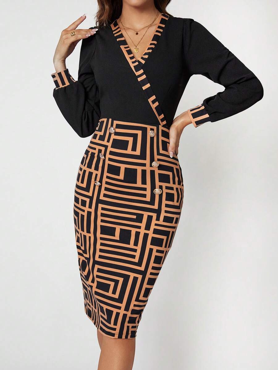 SHEIN Clasi Geo Print Surplice Neck Bodycon Dress - Multicolor - View 1