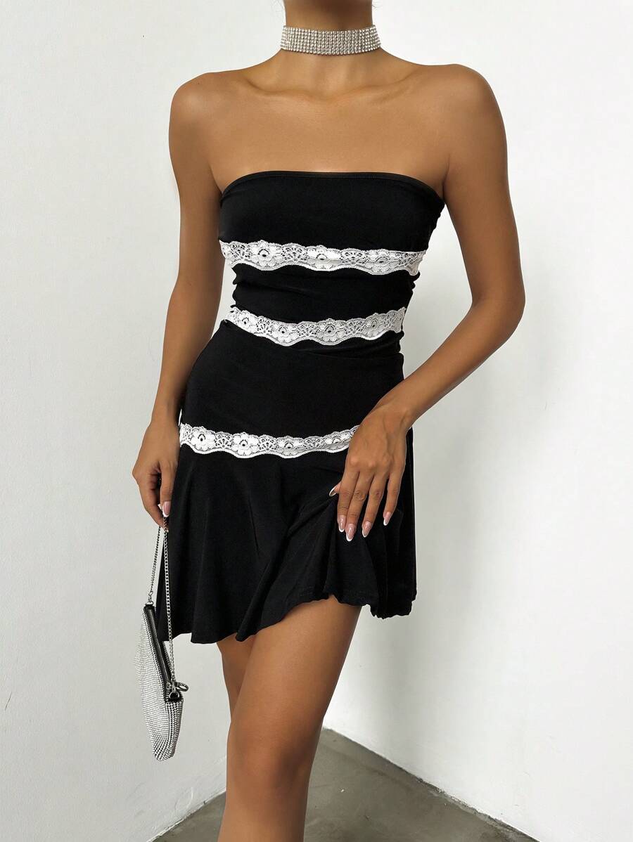 EURMUSE Contrast Lace Ruffle Hem Tube Dress - Black - View 1