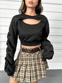 SHEIN Unity Cut Out Front Ruched Sleeve Crop Sweatshirt - Black - View 3