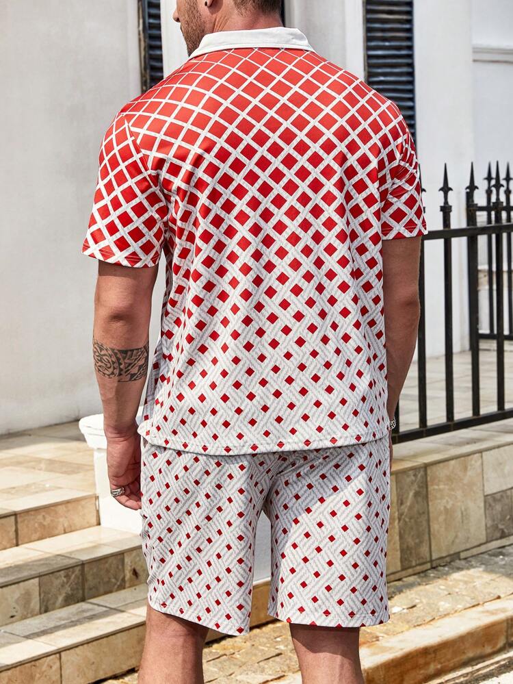 Men Plus Geo Print Polo Shirt & Shorts