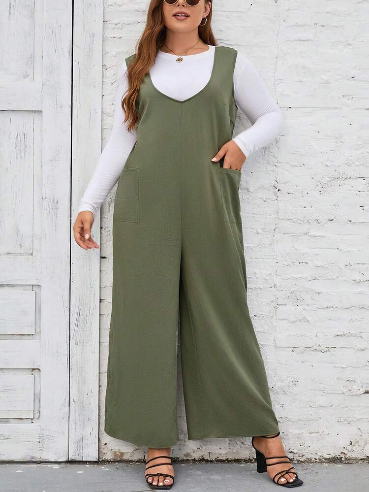 Plus Solid Wide Leg Jumpsuit Without Tee