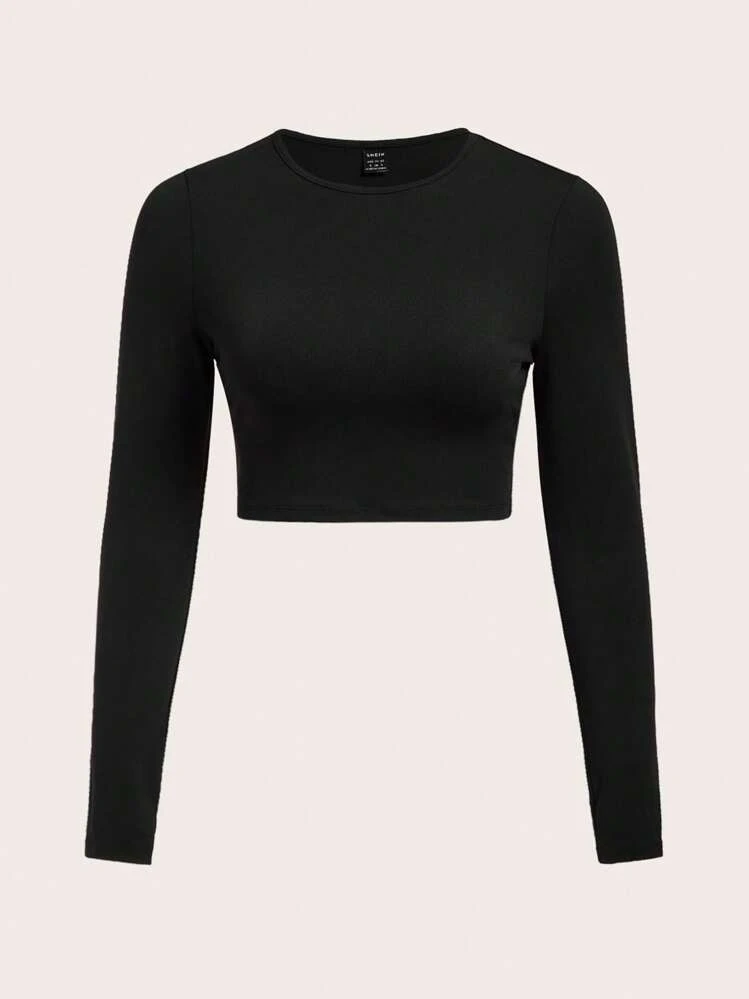 Tseoso Camiseta corta de cuello redondo negra para otoño/invierno, 95% algodón, sexy, elegante, estilo "old money", "new money", casual y ajustada para mujer, vintage, "softgirl", para usar en casa, vuelta al cole, ropa de mujer para otoño, versátil - Negro - Añade 7