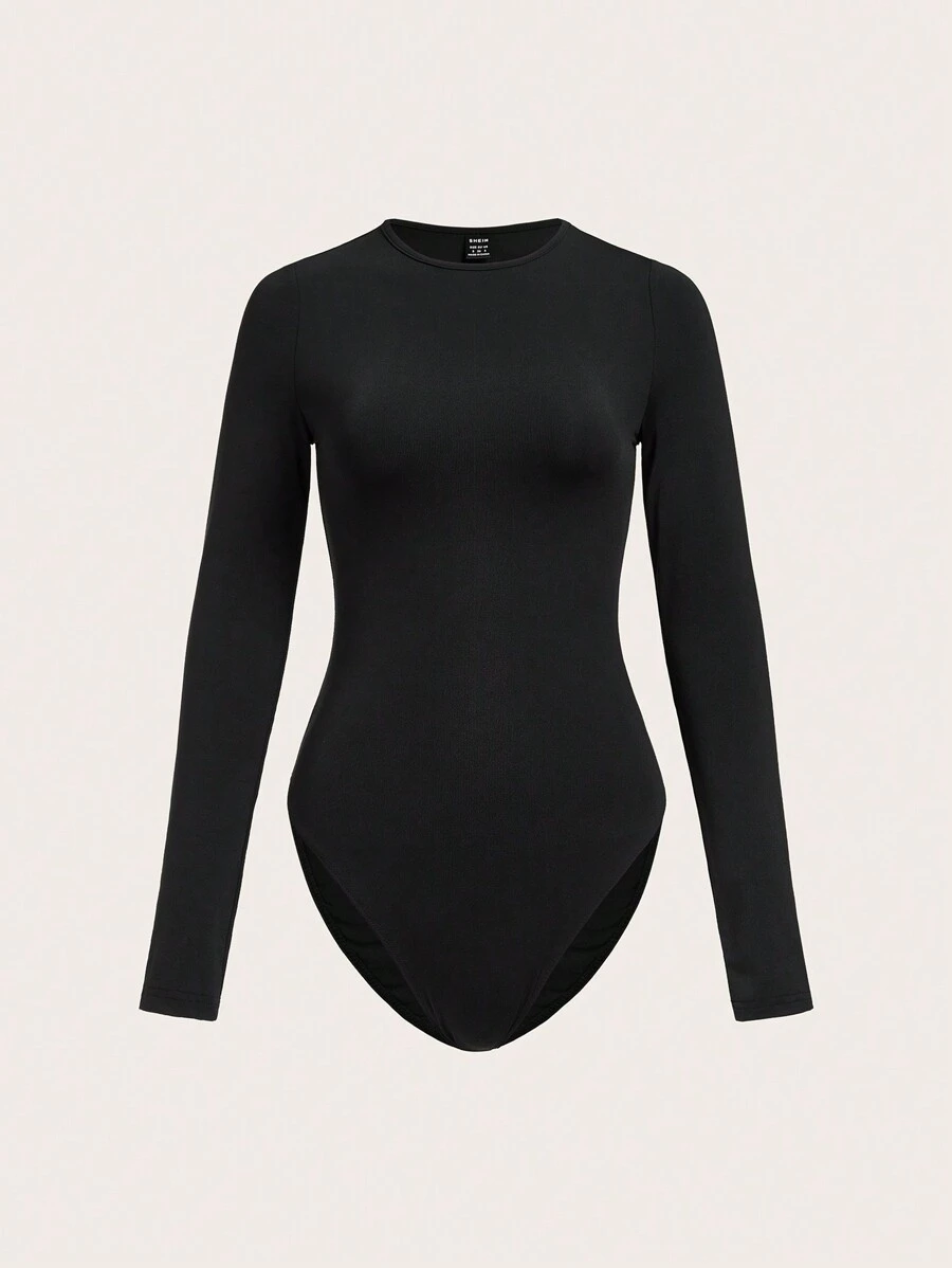 SHEIN BASICS 1pc Slim Fit Round Neck Bodysuit - Black - View 1