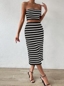 SHEIN Essnce con patrón de rayas tubo Top de punto & Falda de punto - Blanco y Negro - Ver 4