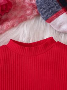 女婴荷叶边 T 恤和格子印花不对称下摆裙子和帽子，适合圣诞节 - 紅色 - 查看 5