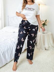 Plus Butterfly Print Tee & Pants PJ Set / Pajama Set - Multicolor - View 5