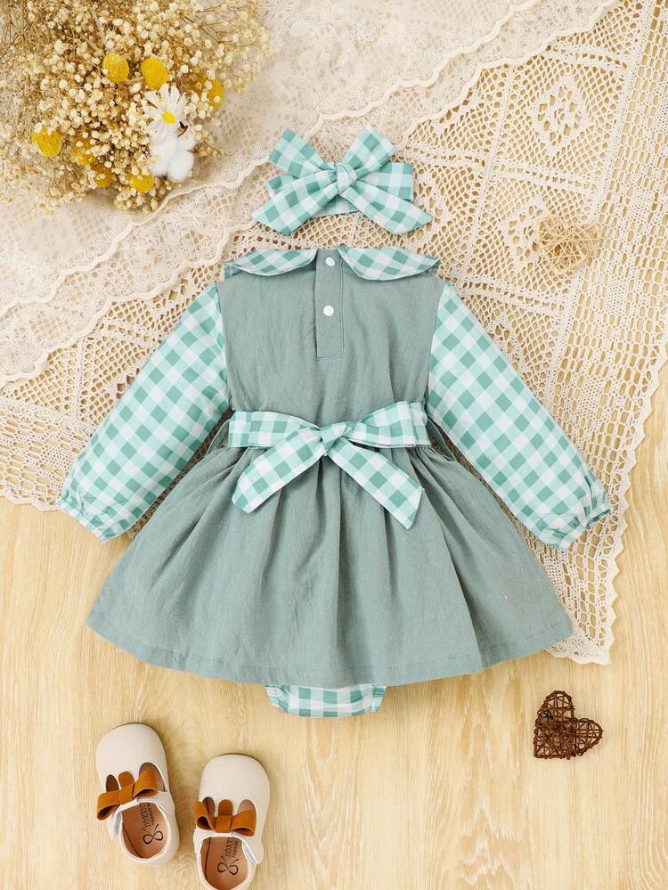 Baby Girl Plaid Print Peter Pan Collar Ruffle Trim 2 In 1 Bodysuit & Headband