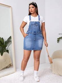 SHEIN EZwear Hơn Đã vá Túi Váy denim tổng thể Without Tee - Rửa trung bình - Xem 3