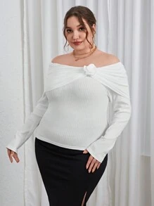SHEIN Privé 大碼折邊一字肩3D貼花細節T恤 - 白色 - 查看 5