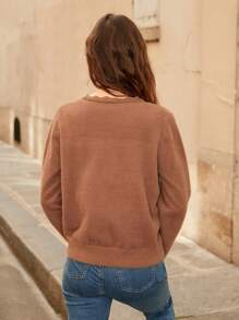 SHEIN Frenchy Lace Trim Button Detail Sweater - Brown - View 2