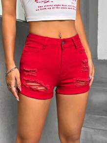 SHEIN PETITE Ripped Roll Up Hem Denim Shorts - Red - View 3
