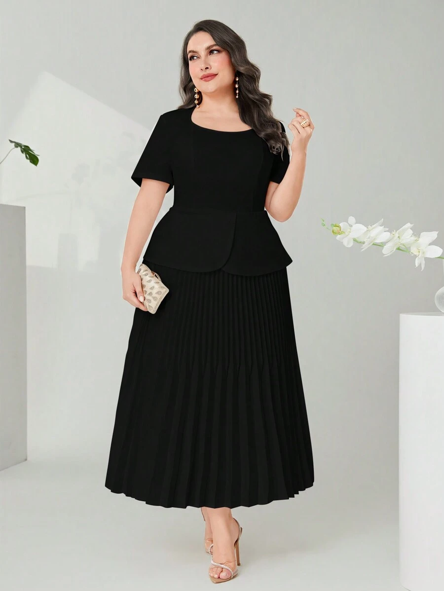 Modelyn 大碼荷葉邊下擺腰百褶下擺洋裝 - 黑色 - 查看 1