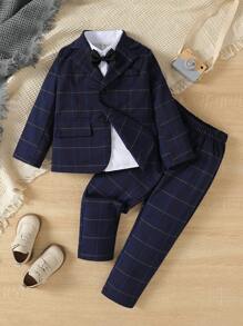 SHEIN 青年男孩紳士兩件式商務格子西裝-上衣+褲子,優雅正式家居穿著,適用於生日派對、晚間秀、婚禮、洗禮和宴會