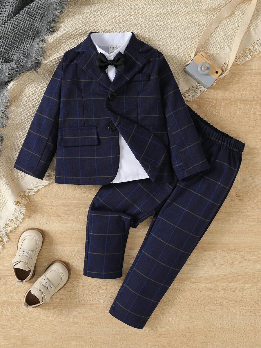 SHEIN 青年男孩紳士兩件式商務格子西裝-上衣+褲子,優雅正式家居穿著,適用於生日派對、晚間秀、婚禮、洗禮和宴會