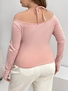 SHEIN Essnce 大碼十字交叉繞頸T恤 - 粉色 - 查看 2