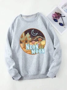 SHEIN EZwear Plus Cactus & Letter Graphic Thermal Pullover - Light Grey - View 1