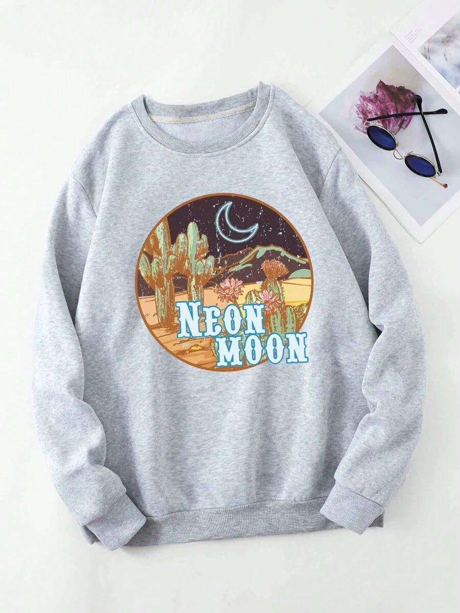 SHEIN EZwear Plus Cactus & Letter Graphic Thermal Pullover - Light Grey - View 1