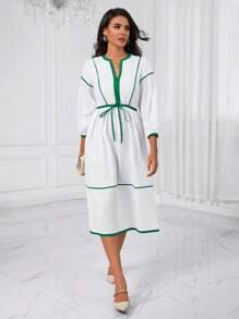 Aveloria Contrast Binding Drawstring Waist Split Thigh Dress