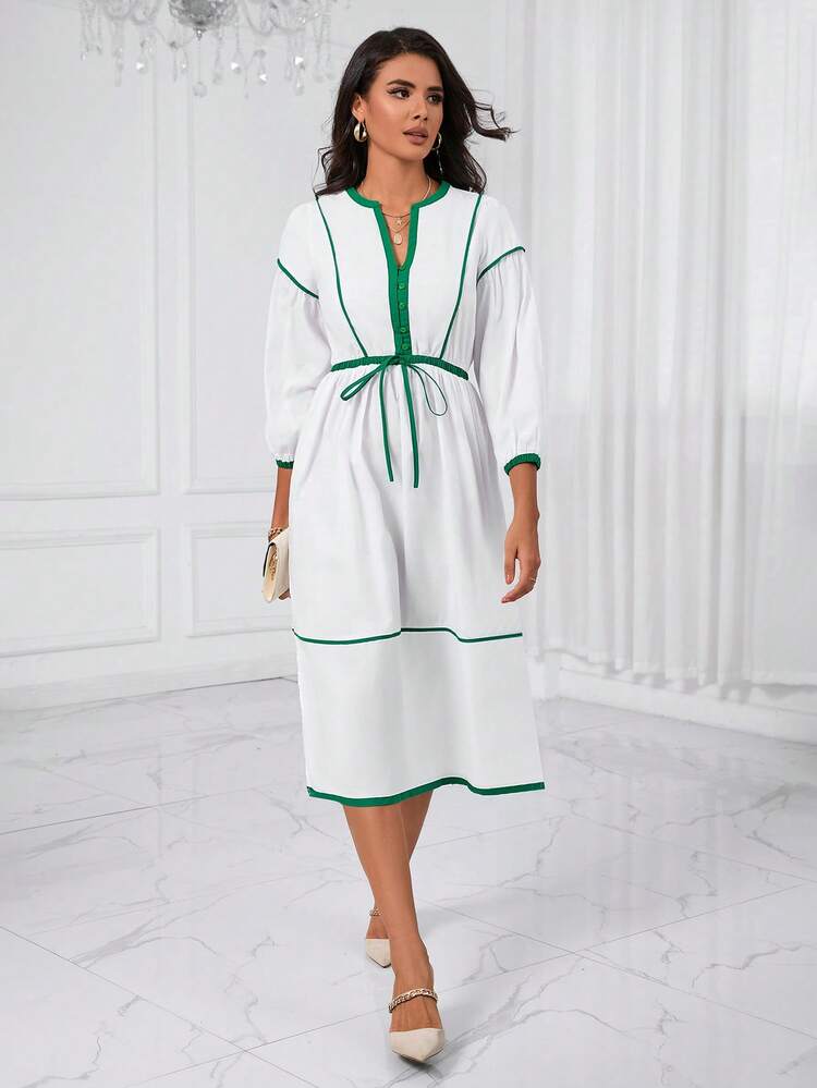 Contrast Binding Drawstring Waist Split Thigh Dress
