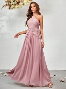 SHEIN Belle Contrast Lace Halter Neck Chiffon Bridesmaid Dress - Dusty Pink - View 3