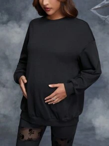 SHEIN Maternity Halloween Rhinestone Wing Pattern Drop Shoulder Sweatshirt, For Winter - Black - View 3