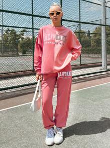 SHEIN Cottnline Letter Graphic Drop Shoulder Pullover & Sweatpants - Multicolor - View 4