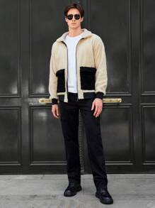 RueChic Men Contrast Panel Drop Shoulder Zipper Teddy Jacket - Multicolor - View 4