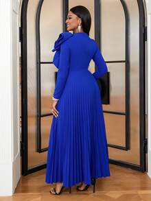 Ruffle Trim Pleated Hem Dress - Blue - View 5