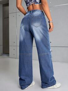 SHEIN EZwear Ripped Wide Leg Jeans - Dark Wash - View 2