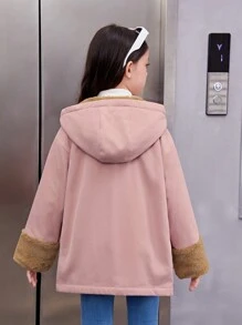 SHEIN Áo khoác trùm đầu thường ngày phong cách đại học cho bé gái tuổi mới lớn có lót nhiệt, mùa thu và mùa đông - Hồng - Xem 2