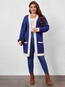 SHEIN LUNE Áo khoác cardigan dáng rộng có túi kép viền tương phản - Nhiều màu - Xem 6