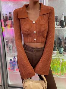 SHEIN Unity 素色前紐扣短款開衫 - 鏽棕色 - 查看 3