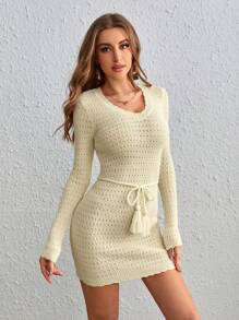 SHEIN VCAY Tassel Belted Bodycon Sweater Dress - Apricot - View 1