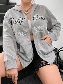 Flirla Plus Size Slogan Graphic Zip Up Drop Shoulder Sweatshirt - Grey - View 2