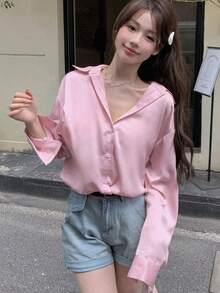 DAZY Letter Graphic Drop Shoulder Oversized Shirt - Pink - View 2