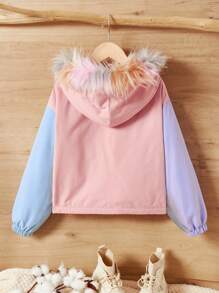 SHEIN Tween Girl Colorblock Fuzzy Trim Hooded Thermal Lined Jacket