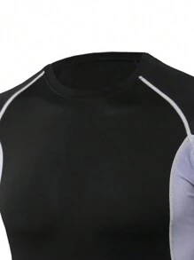 男士色塊拉幫袖運動T恤，男士壓力上衣 - 黑色 - 查看 3