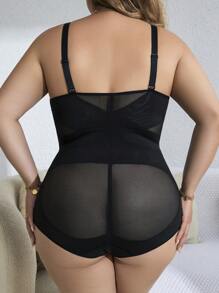 Plus Contrast Mesh Shapewear Bodysuit - Black - View 2