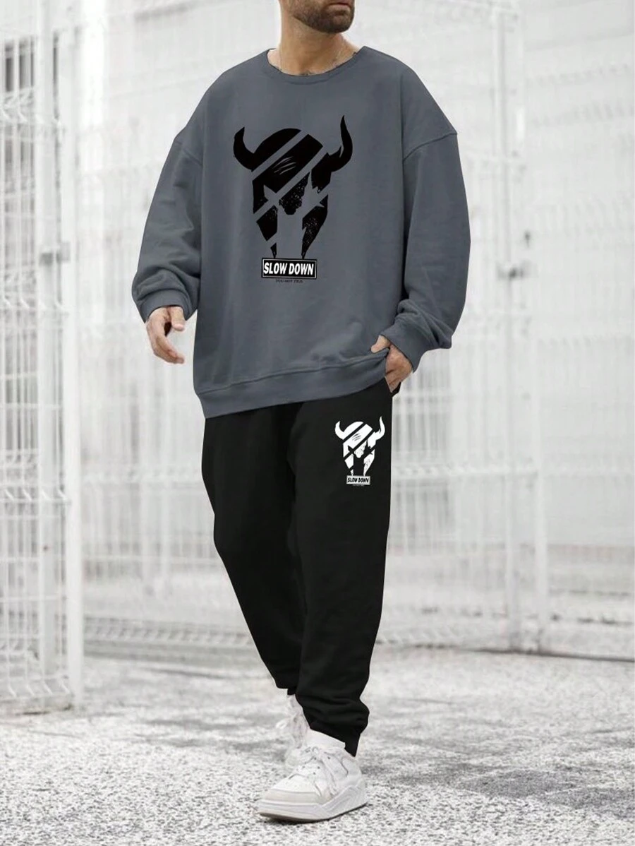 Manfinity Homme 男士字母圖案衛衣和衛褲 - 深灰色 - 查看 1