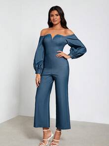 SHONTAY RACQUEL 一字肩缺口領燈籠袖錐形腿連身褲 - 藍色 - 查看 5