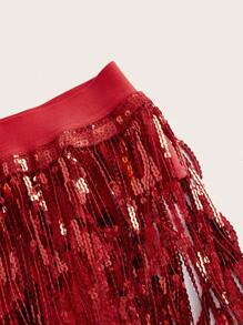 SHEIN ICON Sequin Fringe Trim Skirt - Red - View 3
