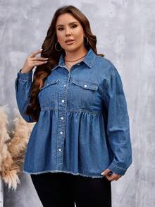 SHEIN LUNE Hơn Túi có nắp Raw Hem Áo sơ mi denim - Rửa trung bình - Xem 3