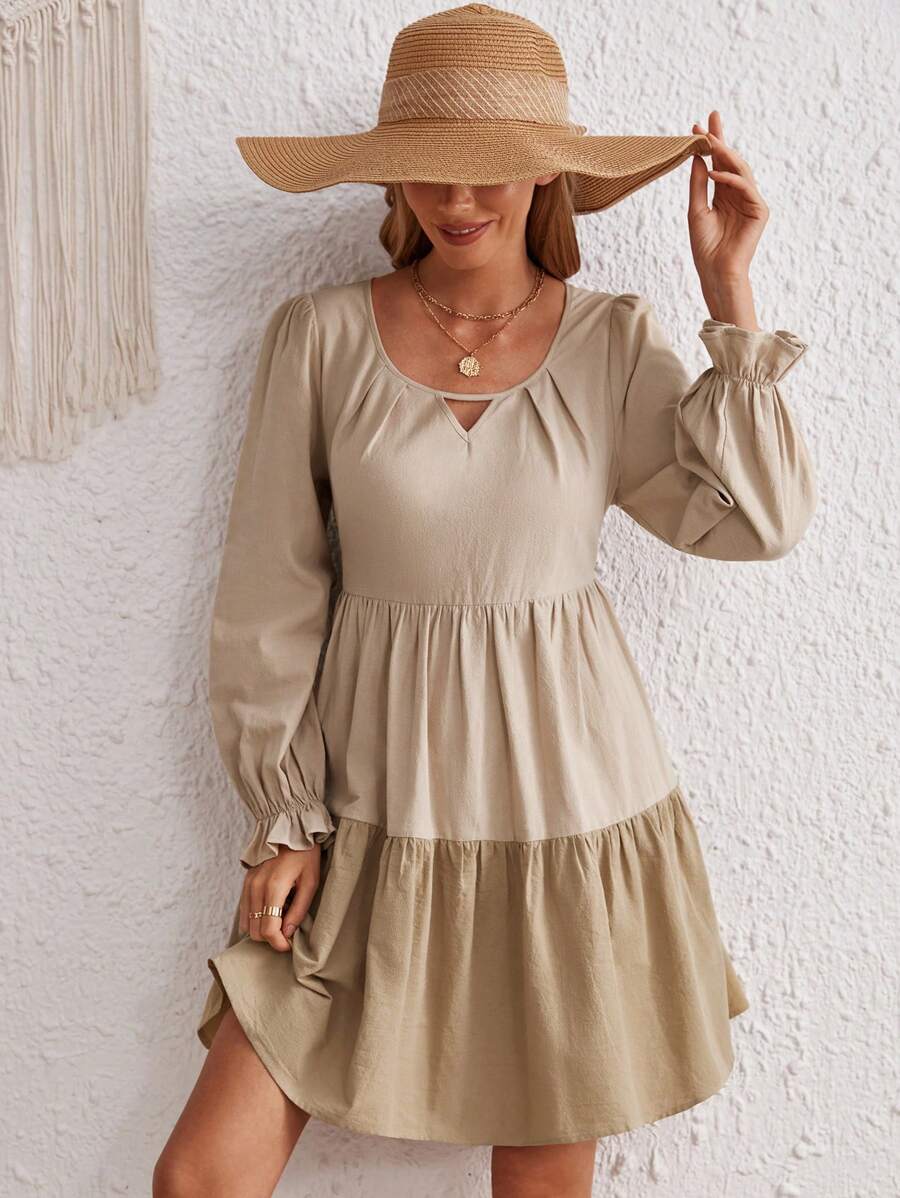 SHEIN VCAY Vestido blusón con dobladillo con volantes y mangas con volante - Caqui - Ver 1