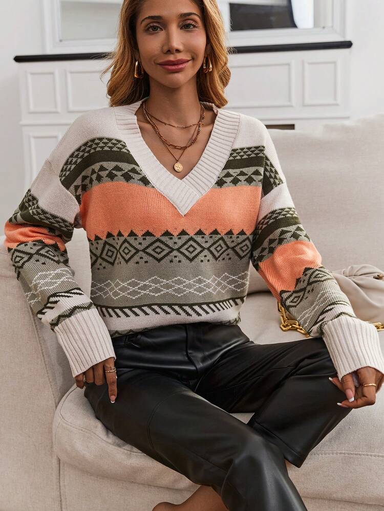 Geo Pattern Drop Shoulder Knit Pullover Fall Winter Sweater